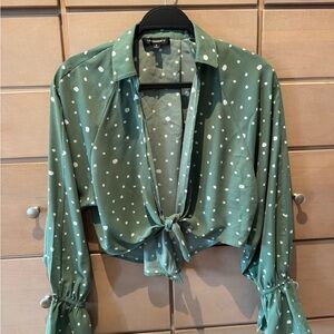 La Charme U  Sage Green Polka-Dot Tie-Front Cropped Top